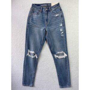 American Eagle Mom Jeans High Rise Distressed Medium Wash Blue 00 Regular 24W